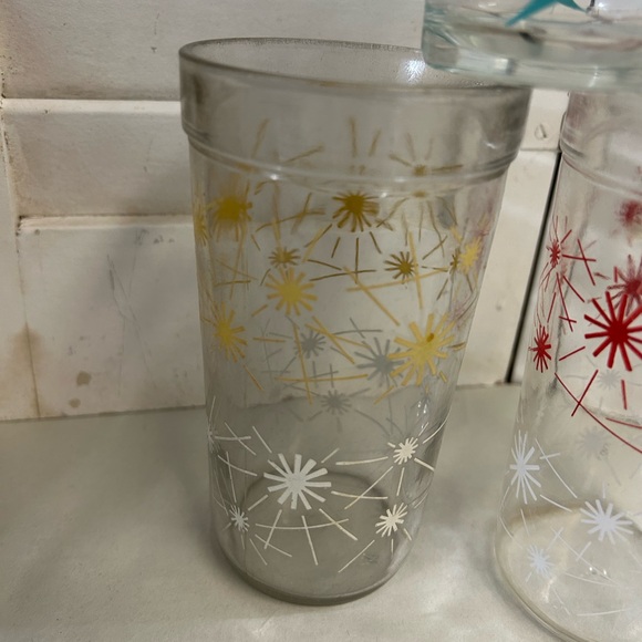 3 Vintage 50s 60s atomic drink glass Starburst Boomerang Teal Red Yellow MCM - Picture 10 of 16